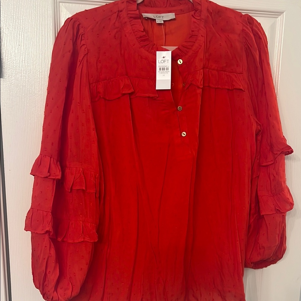 LOFT Orange Ruffled Mandarin Collar Blouse